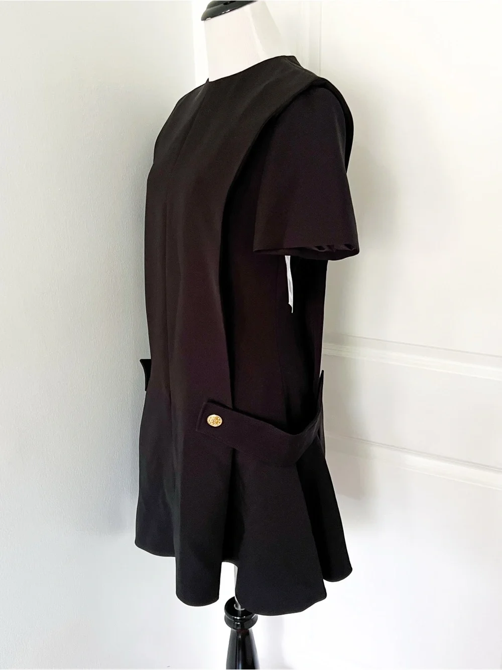 Louis Vuitton Uniforms Black Short-Sleeve Mini Dress with Gold Buttons - Size 36